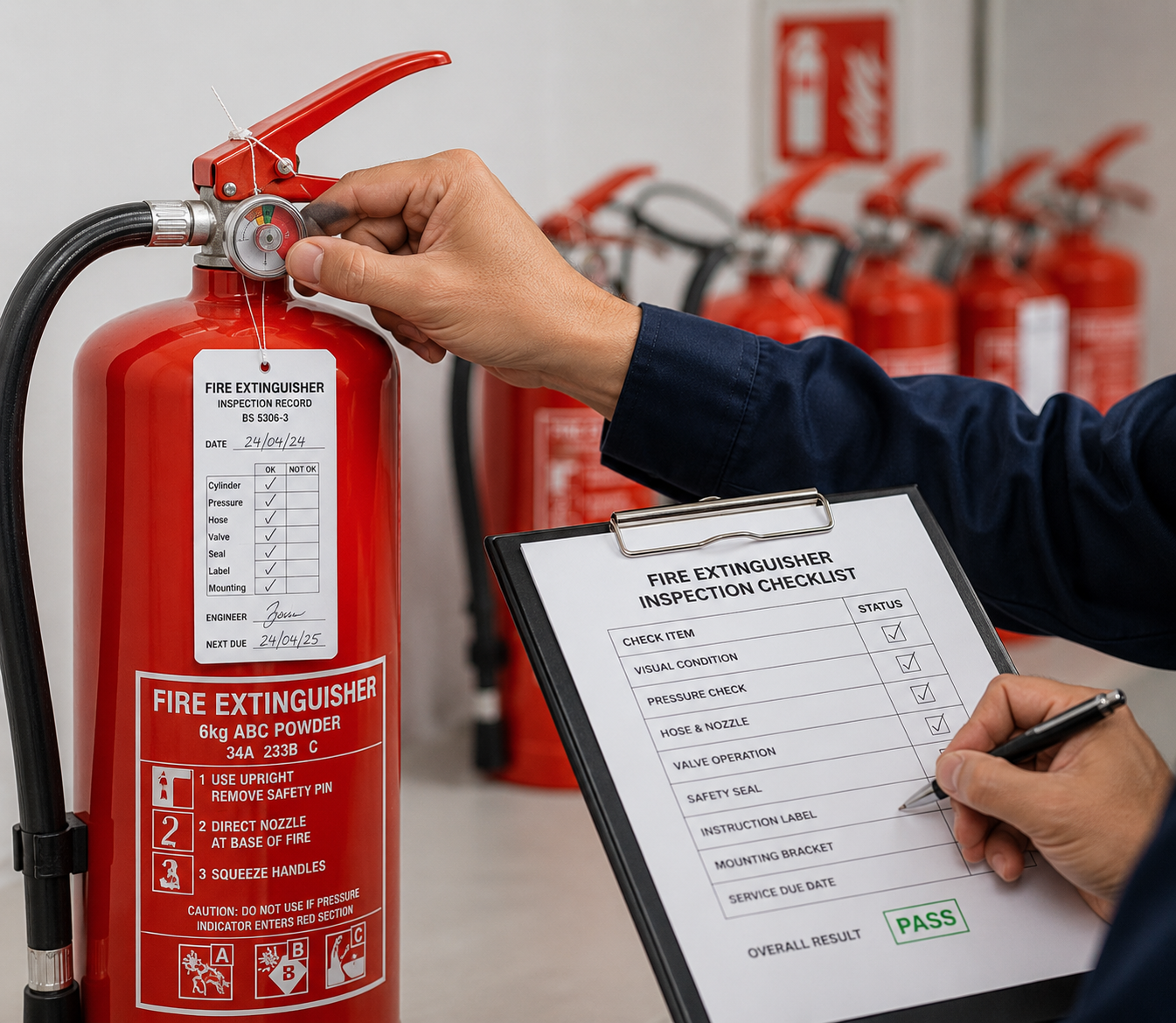 Engineer inspecting fire safety equipment