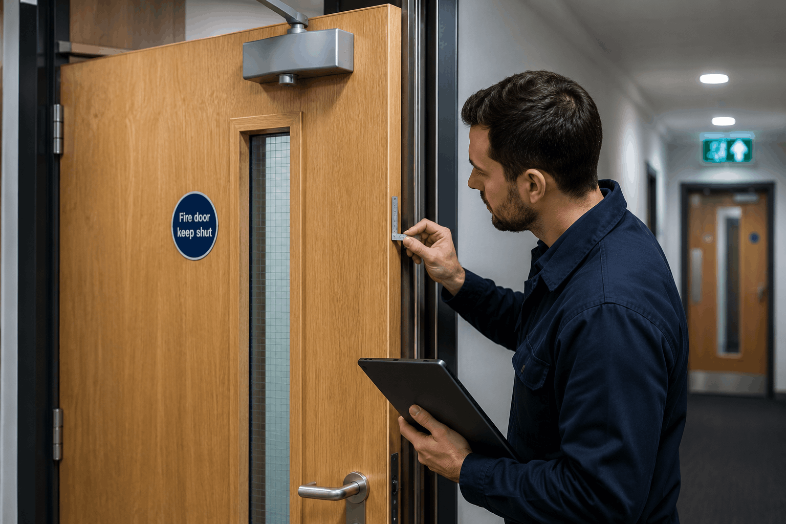Qualified inspector checking fire door gaps